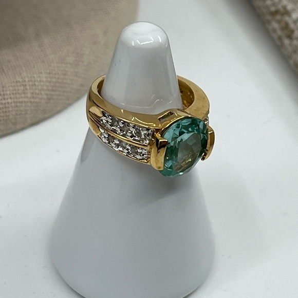 Vintage 925 Gold Overlay Sterling Silver Green Gemstone Ring, Size 4.75 - Picture 8 of 17